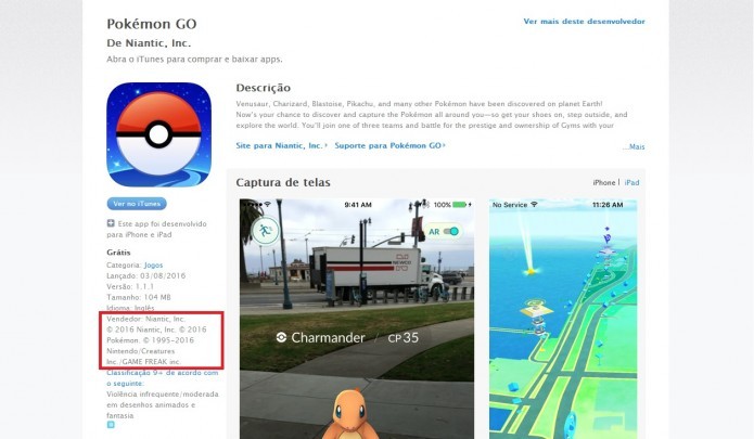 Pokémon Go: atente-se as versões piratas verificando o nome do desenvolvedor/vendedor do aplicativo (Foto: Reprodução/Paulo Vasconcellos)