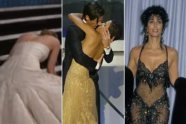 Momentos icônicos da história do Oscar: Jennifer Lawrence caindo ao subir no palco em 2013; o beijo surpresa de Adrien Brody em Halle Berry em 2004; e o vestido transparente de Cher em 1988 (Foto: Getty Images) (Foto: Reprodução/Getty Images/Getty Images)