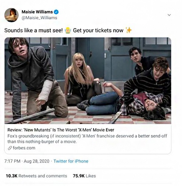 Reação da atriz Maisie Williams à crítica de Os Novos Mutantes (Foto: Twitter)