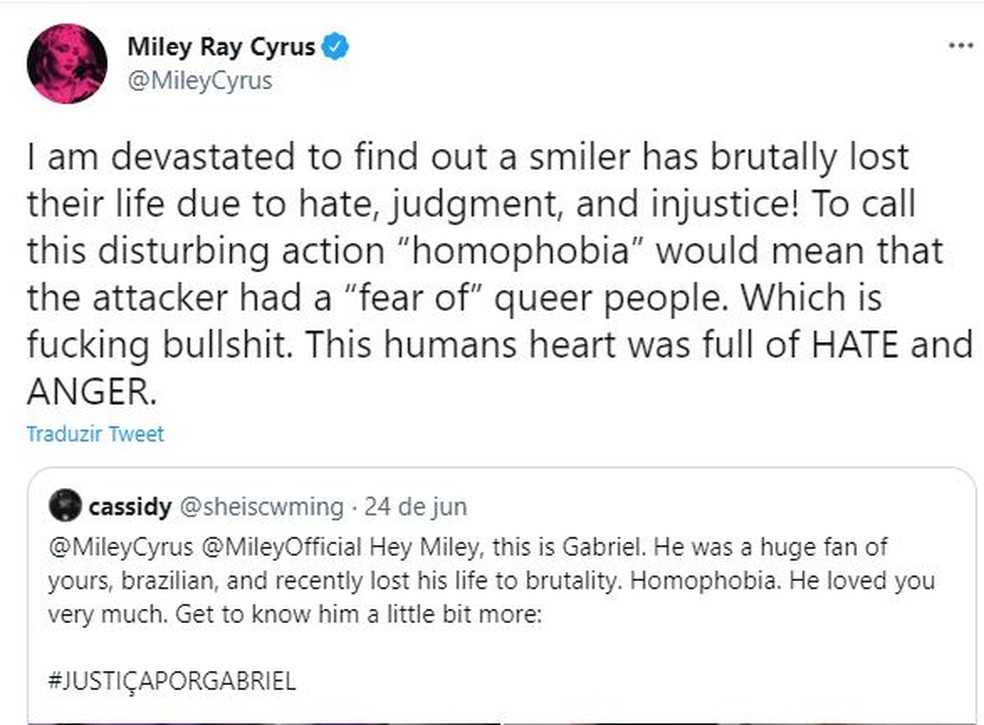 Miley Cyrus posta mensagem em homenagem a fã morto a tiros em Embu das Artes (SP) — Foto: Reprodução/Twitter