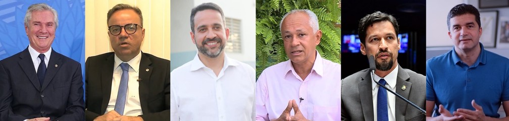 Candidatos ao governo de Alagoas que participam do debate na TV Gazeta: Fernando Collor (PTB), Luciano Almeida (PRTB), Paulo Dantas (MDB), Professor Cícero Albuquerque (PSOL), Rodrigo Cunha (União Brasil) e Rui Palmeira (PSD) — Foto: Montagem g1