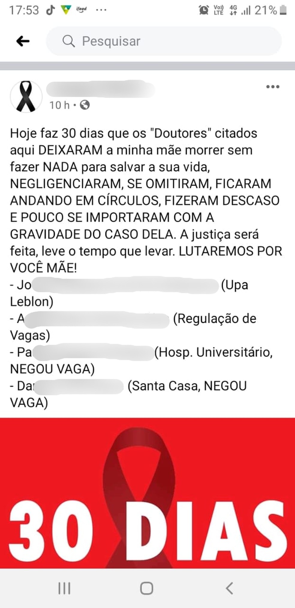 Post de filho de idosa que morreu em UPA expôs nomes de profissionais da saúde de Campo Grande (MS) — Foto: Divulgação