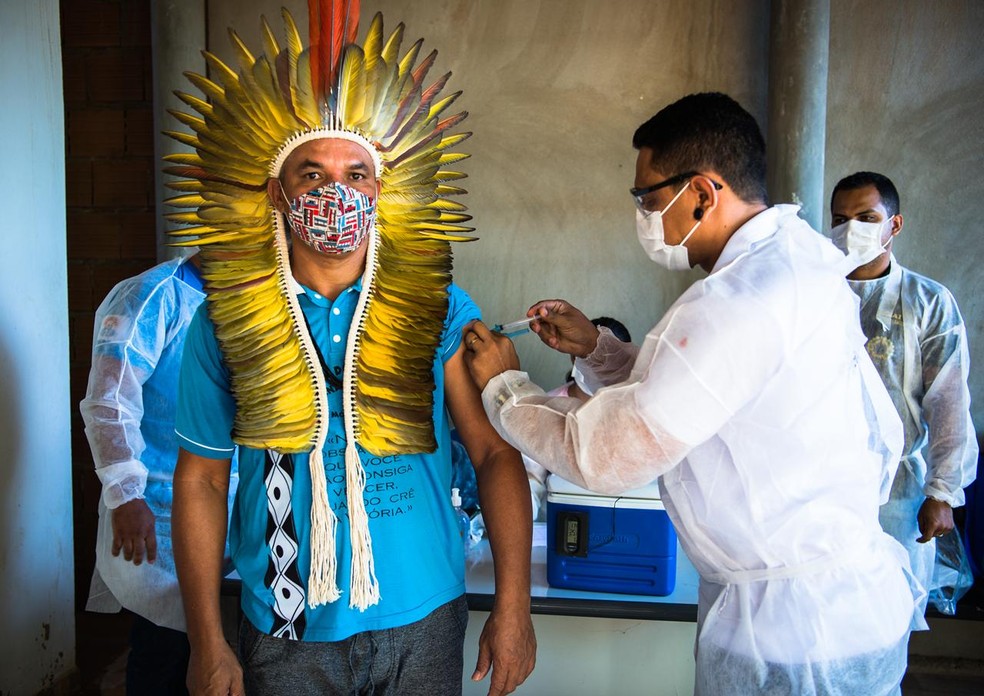 População indígena vacinada em São João das Missões em janeiro — Foto: Arquivo pessoal