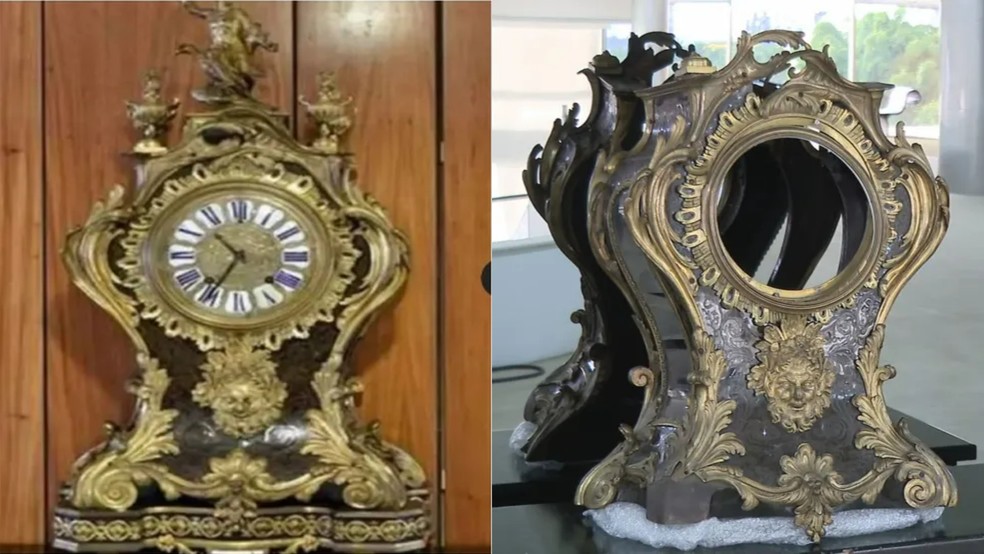 ANTES e DEPOIS - Peça do século 17, o relógio do francês Balthazar Martinot foi destruído por vândalos em 8 de janeiro de 2023 — Foto: Arte/g1