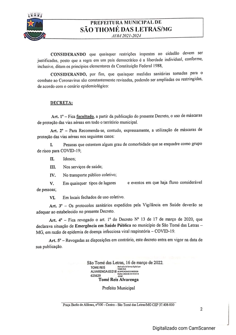Covid-:19: São Tomé das Letras publica decreto que torna facultativo uso de máscaras  — Foto: Divulgação/Prefeitura de São Tomé das Letras 