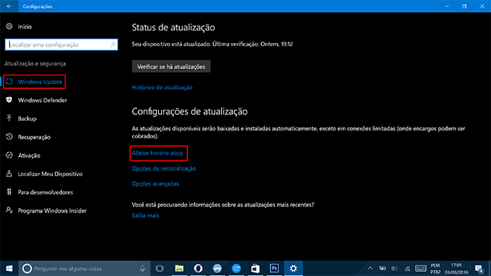 Horário ativo do Windows 10 evita instalações em momentos indesejáveis (Foto: Reprodução/Elson de Souza)