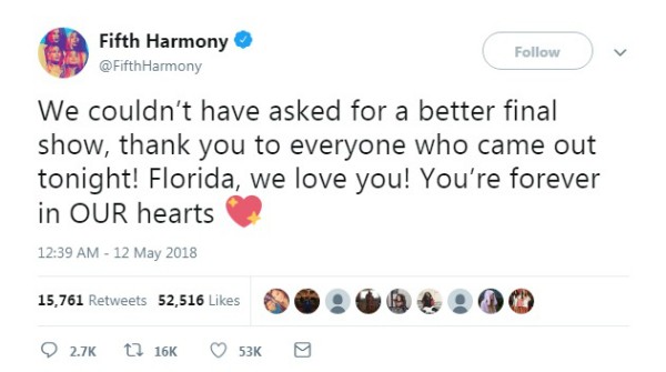 Mensagem publicada pelo Fifth Harmony (Foto: Reprodução Twitter )