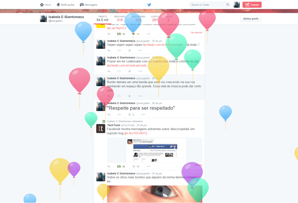 Twitter comemora aniversário de usuários com balões no perfil (Foto: Reprodução/Isabela Giantomaso)