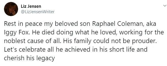 O tuíte da mãe do ator Raphael Coleman lamentando a morte do filho (Foto: Twitter)