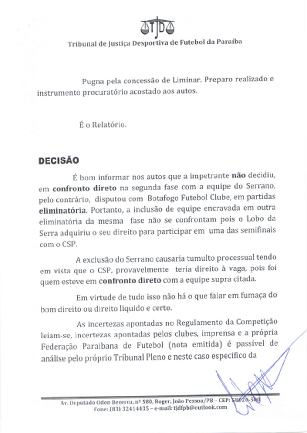 Documento lançado pelo Tribunal de Justiça Desportiva da Paraíba nega pedido do Sousa.  (Foto: Reprodução/TJDF-PB)