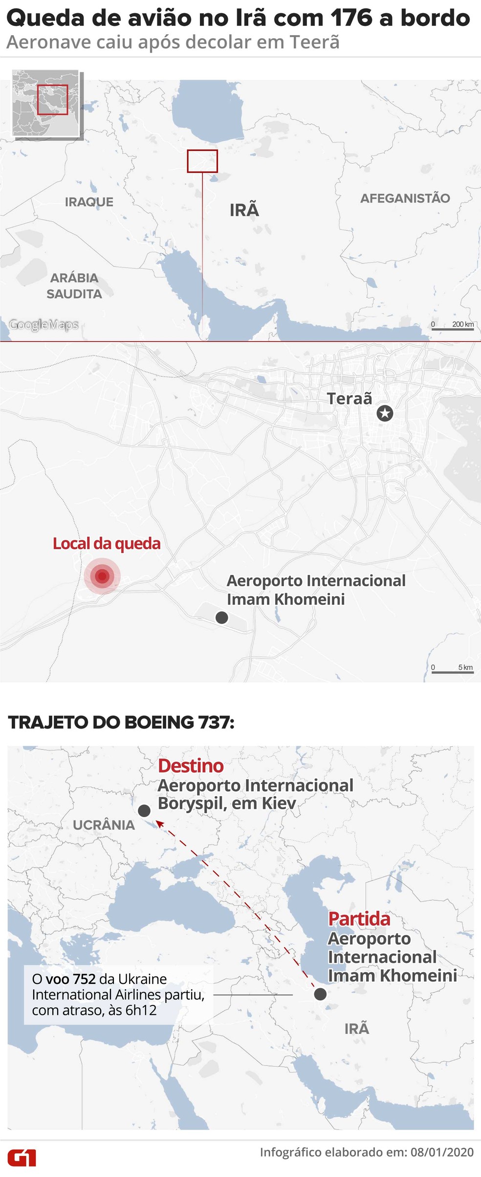 Infográfico mostra de onde partiu o avião com 176 a bordo que caiu no Irã — Foto: Rodrigo Sanches/G1