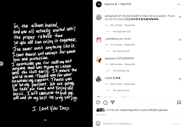 Beyoncé agradece fãs após vazamento de álbum (Foto: Reprodução/Instagram)