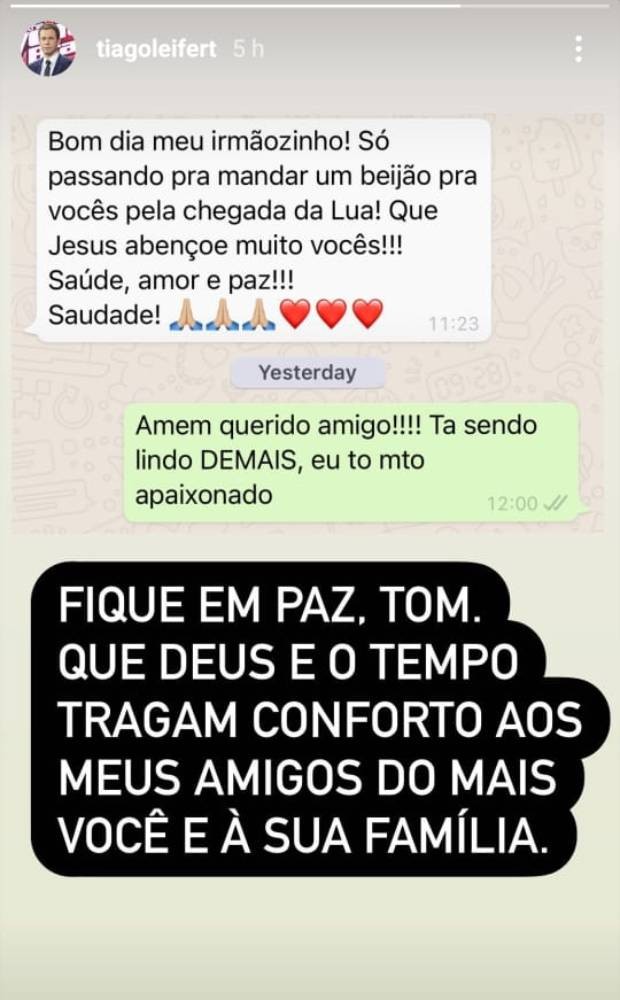 Tiago Leifert mostra mensagem que recebeu de  Tom Veiga (Foto: Reprodução/Instagram)