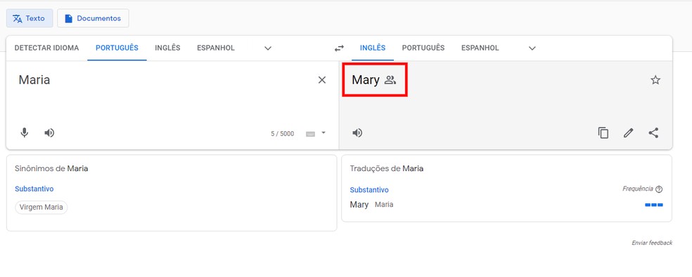 Qual seu nome em inglês? Google Tradutor mostra resultado imediatamente — Foto: Reprodução/Rodrigo Fernandes