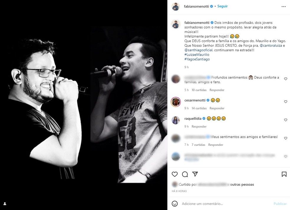 Fabiano, da dupla César Menotti e Fabiano, lamentou morte de Yago — Foto: Reprodução/Instagram