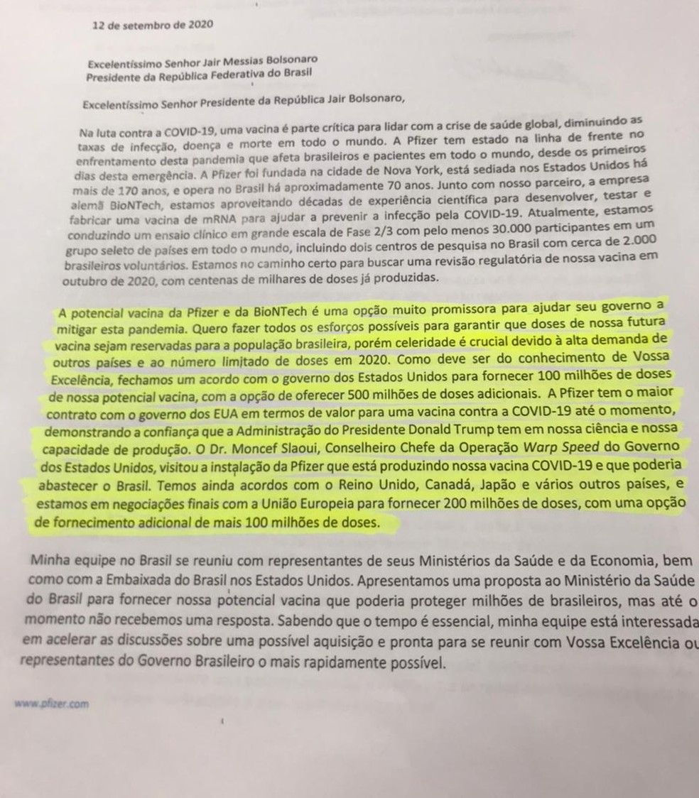 Primeira página da carta enviada pela Pfizer ao governo brasileiro — Foto: Reprodução