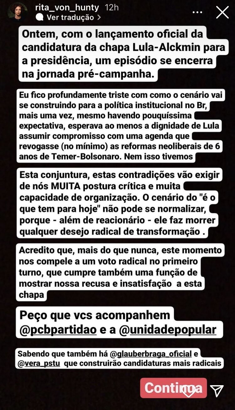 Em publicação no Instagram, Rita compartilhou sua frustração com o discurso de Lula