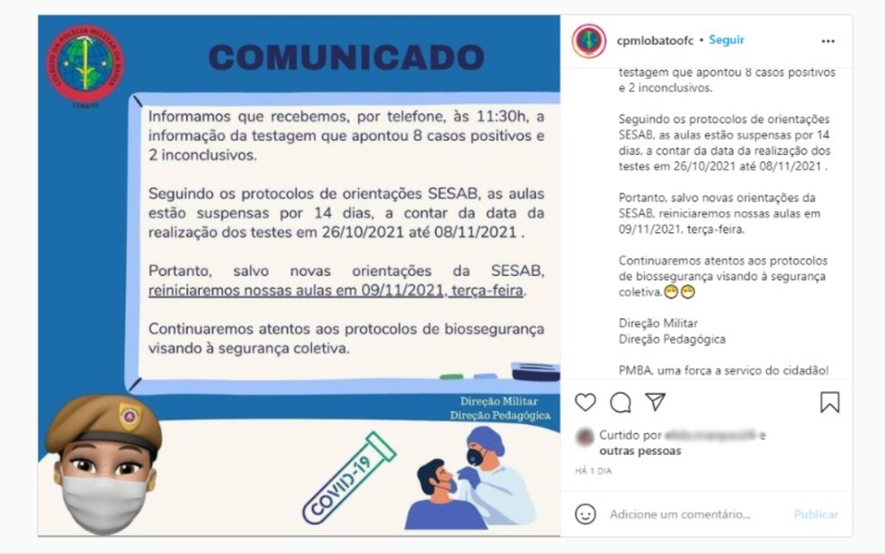 Colégio da PM em Salvador suspende aulas presenciais após casos positivos de Covid-19 — Foto: Reprodução/Redes Sociais