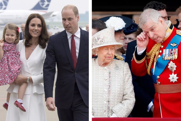 Kate Middleton e o príncipe William com a princesa Charlotte; a rainha Elizabeth II com o príncipe Andrew (Foto: Getty Images)