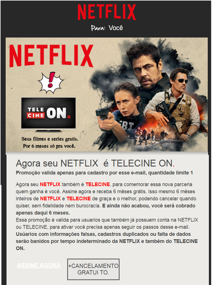 E-mail falso diz que Netflix vai se juntar ao TelecineON e pede dados dos usuários (Foto: Divulgação/Kaspersky)