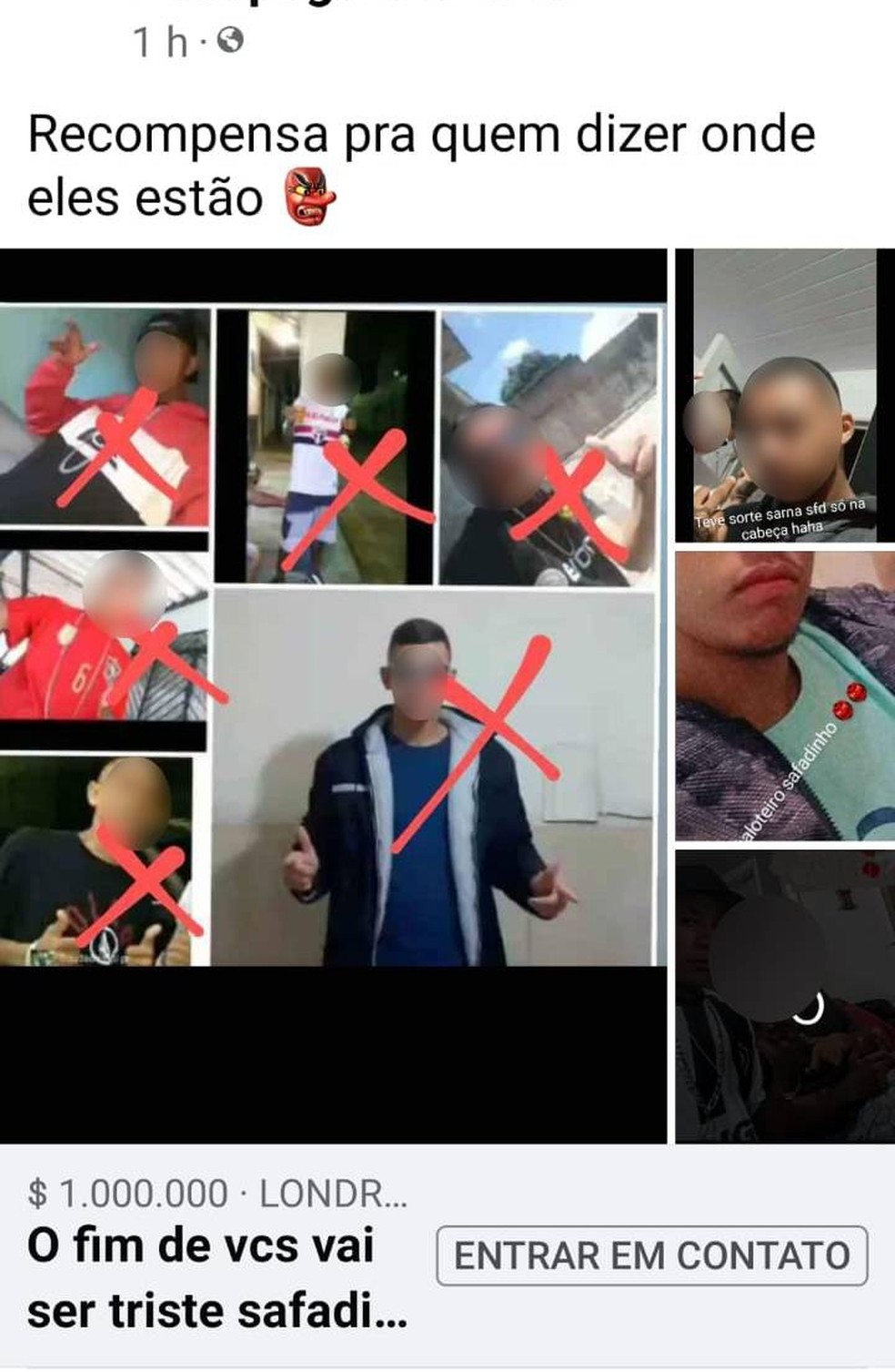Criminosos publicam fotos de vítimas e oferecem recompensa por informações na rede social — Foto: Divulgação/Polícia Civil