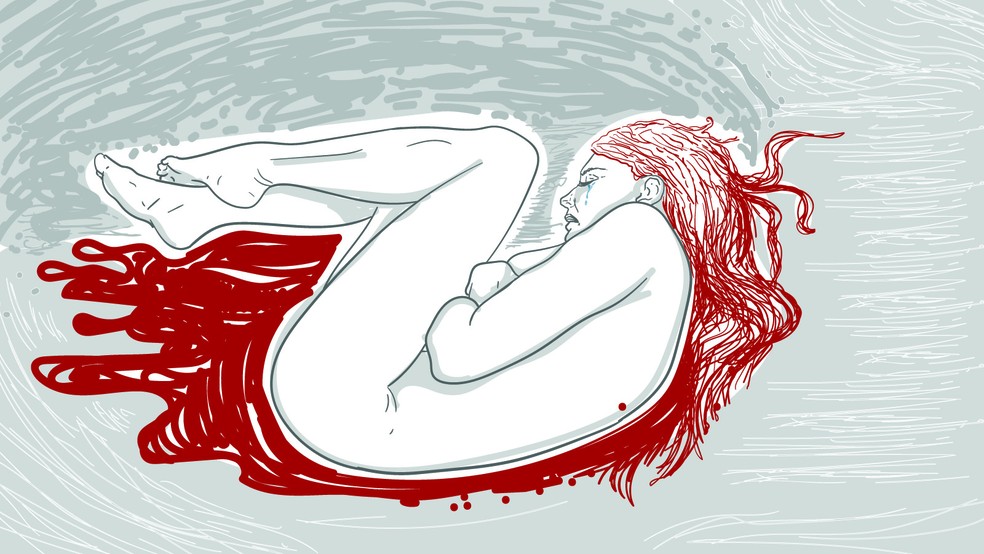 Aborto inseguro: ilustração mostra mulher encolhida no chão com dor  — Foto: Wagner Magalhães/G1