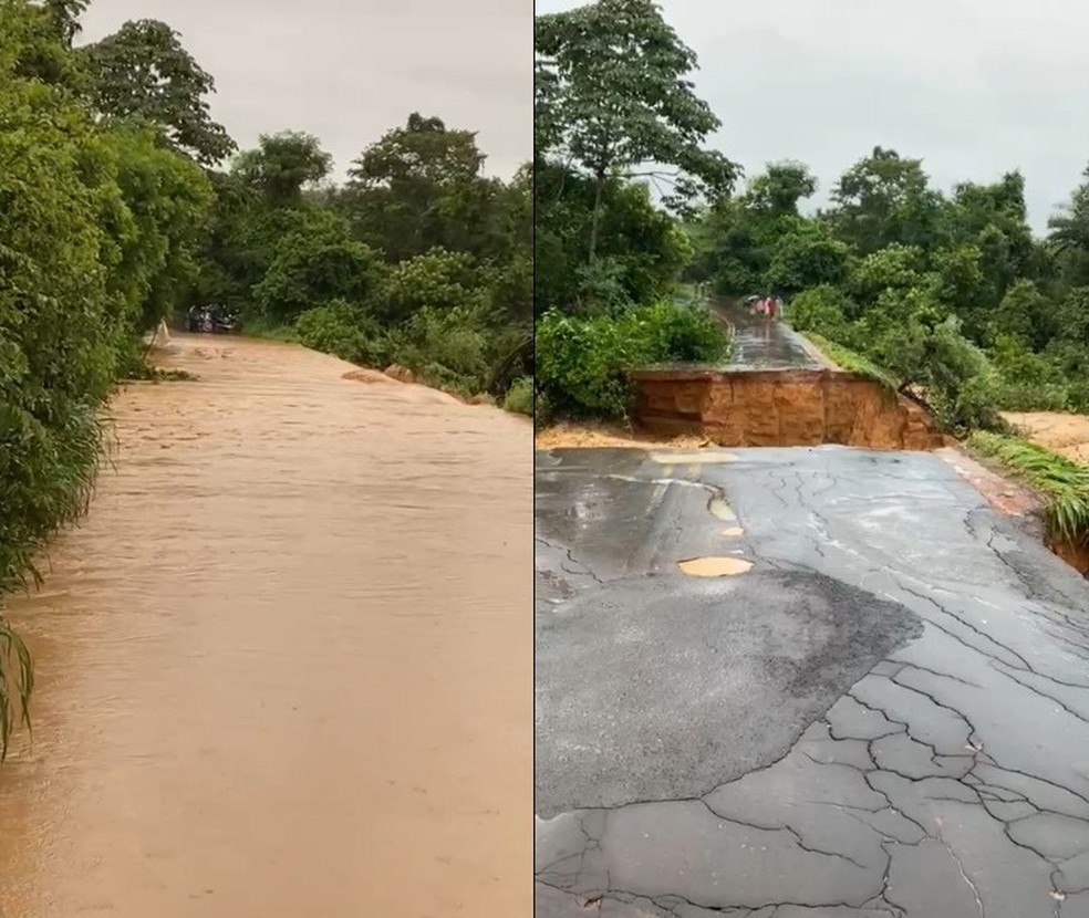 Cheia do rio Parnaíba destrói trecho da rodovia PI-247 entre Uruçuí e Ribeiro Gonçalves, no Sul do Piauí — Foto: Reprodução