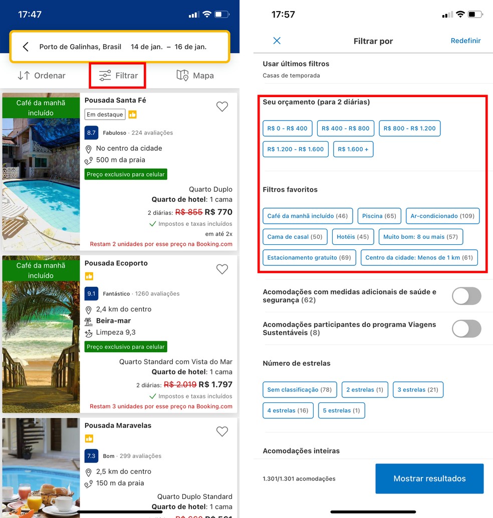 Booking reservas: usuário pode filtrar pesquisa para encontrar acomodações ideais — Foto: Reprodução/Rodrigo Fernandes