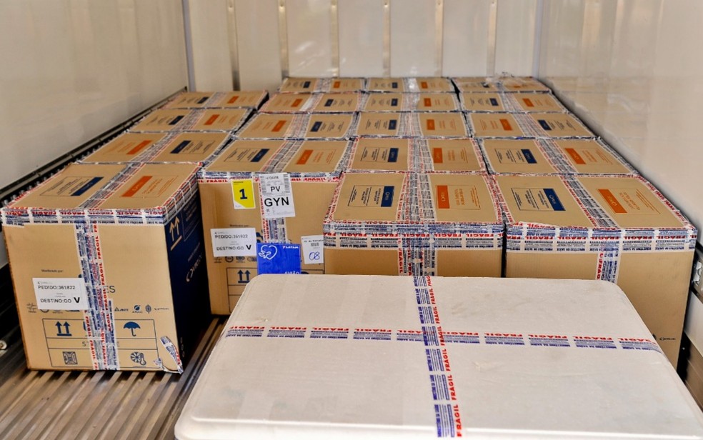 Carregamento de vacinas contra Covid-19 chegam a Goiás - Pfizer e Janssen  — Foto: Divulgação/SES-GO