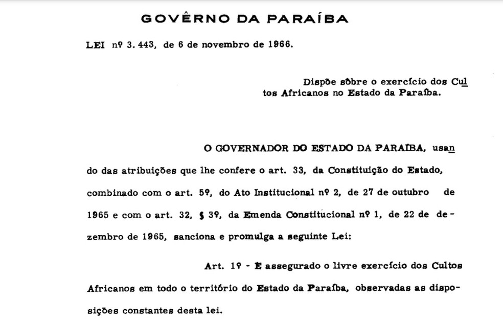 Lei de 1996, assinada por João Agripino, autoriza a liberdade de cultos africanos na Paraíba — Foto: Reprodução/ALPB