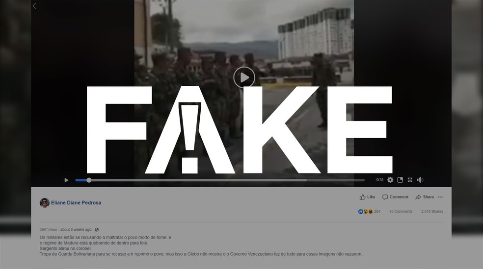 É #FAKE que vídeo de militares brigando foi gravado na Venezuela e mostra reação de soldado ao governo Maduro — Foto: Reprodução / Facebook
