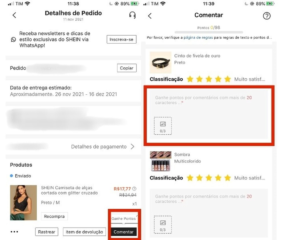 Fazendo um comentário no produto entregue da Shein — Foto: Reprodução/Beatriz Maxima