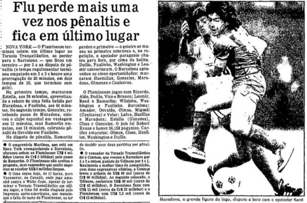 Flu também perdeu nos pênaltis contra o Barcelona de Maradona em 1984 — Foto: Reprodução / O Globo