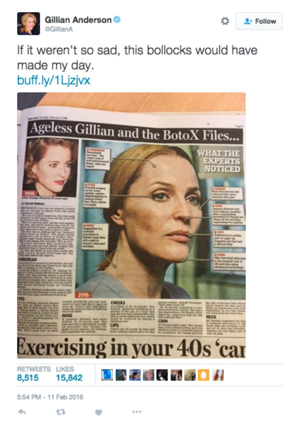 O tuíte de Gillian Anderson com a crítica ao jornal (Foto: Twitter)
