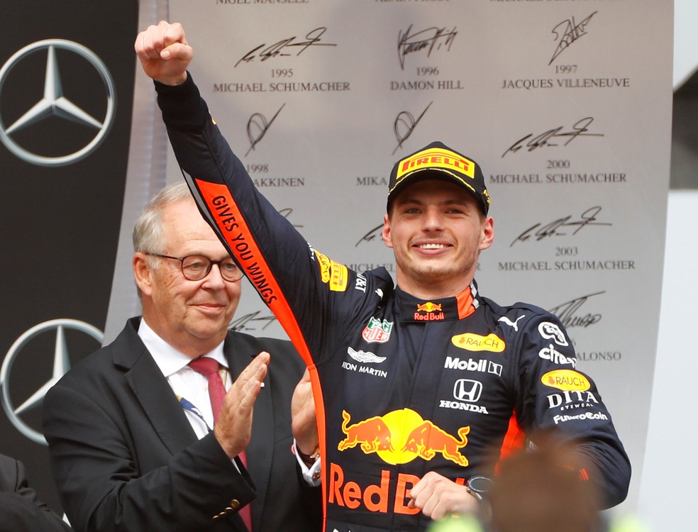 Max Verstappen comemora vitÃ³ria no GP da Alemanha â€” Foto: REUTERS/Kai Pfaffenbach