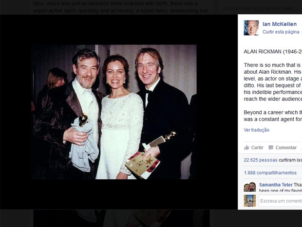 Ian McKellen faz homenagem a Alan Rickman (Foto: Reprodução/Facebook)
