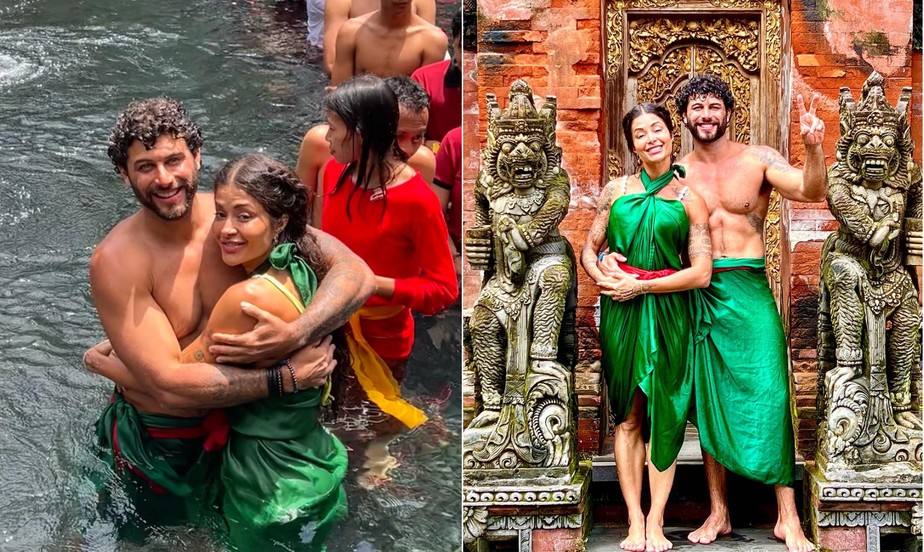 Jesus Luz e Aline Campos em ritual de purificação em Bali