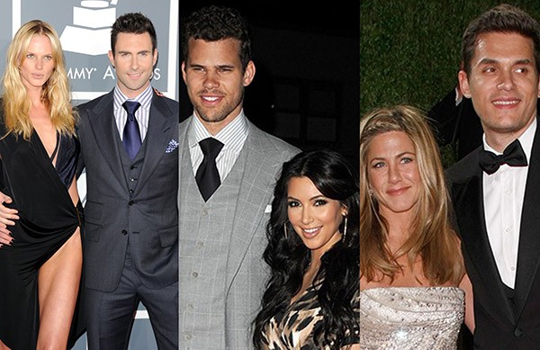 Anne Vyalitsyna e Adam Levine, Kris Humphries e Kim Kardashian, Jennifer Aniston e John Mayer (Foto: Getty Images)