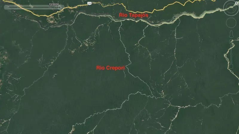 ...e em 2020, após o garimpo ilegal criar várias cicatrizes na floresta, ampliando o despejo de lama no Tapajós (Foto: Google via BBC News Brasil)