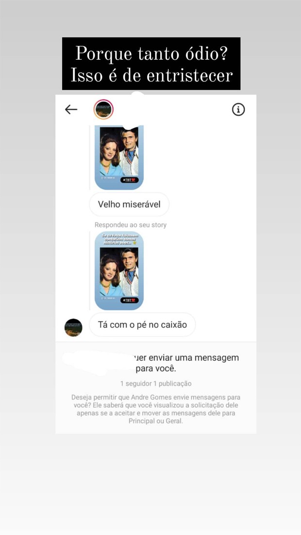 Tarcísio Meira lamenta mensagem de hater na web (Foto: Reprodução / Instagram)