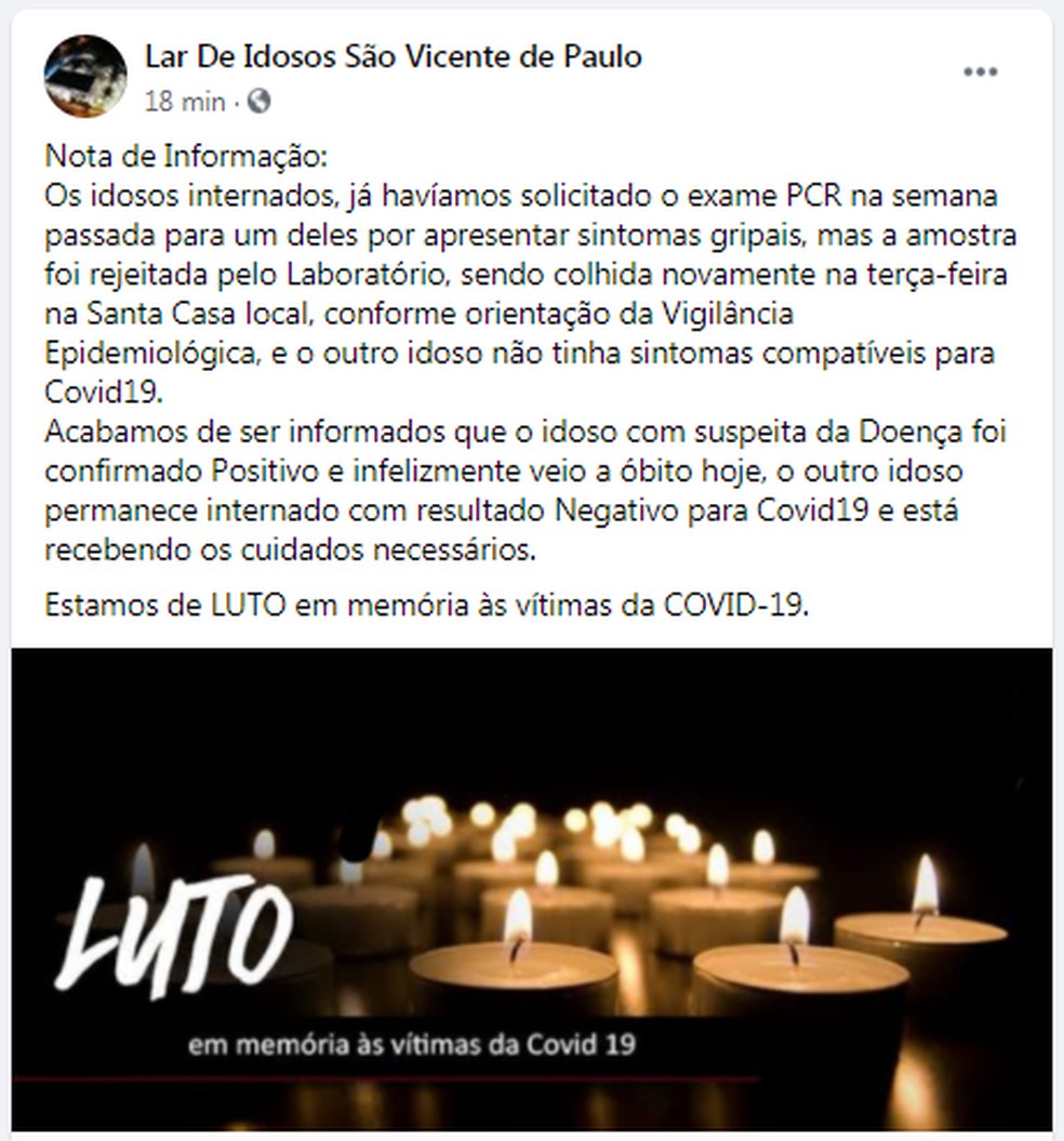 Lar de idosos publicou nota de luto após morte de morador com Covid-19 em Pirajuí — Foto: Facebook/Reprodução