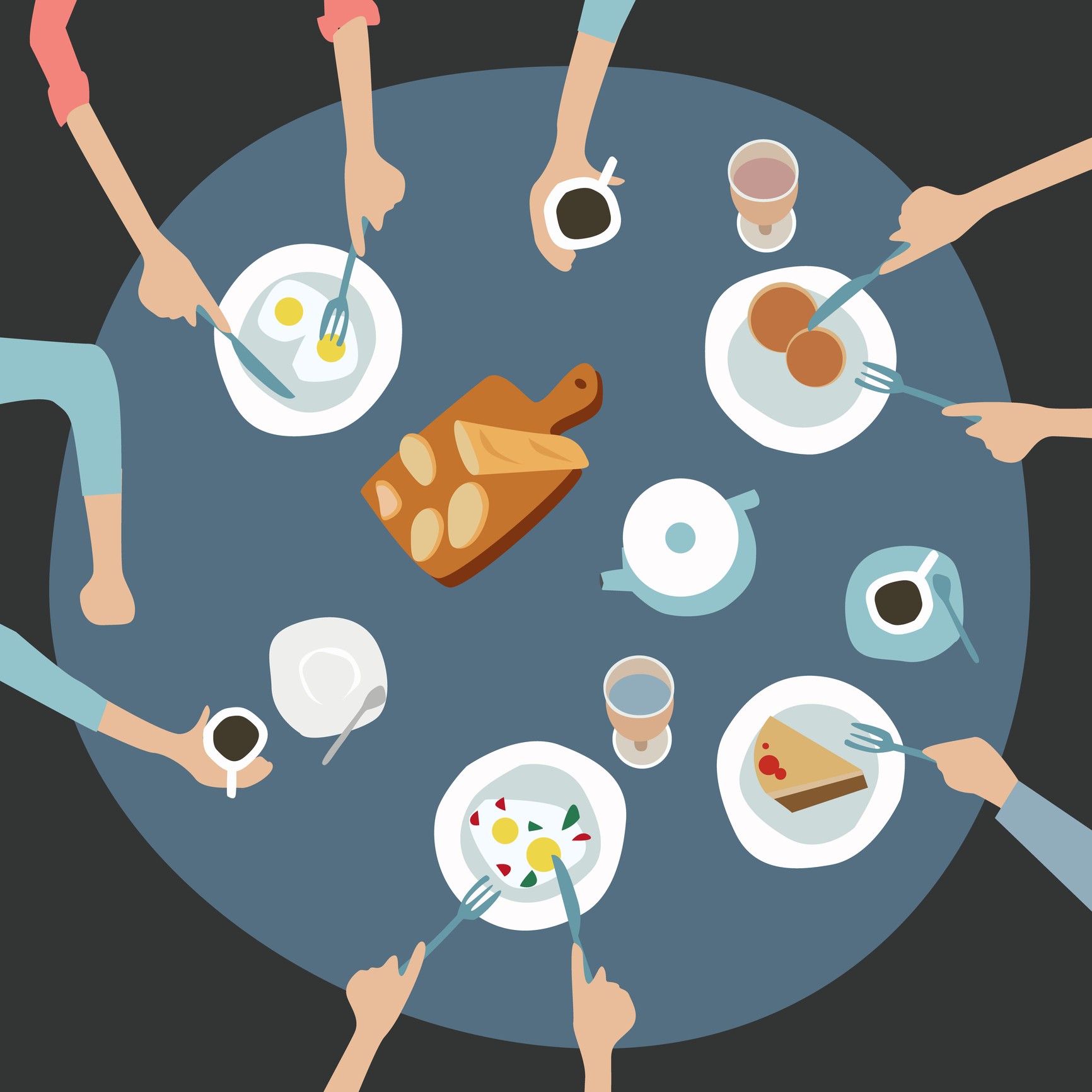 Vector flat illustration catering party with people hands and a table of dishes from the menu, top view (Foto: Getty Images/iStockphoto)