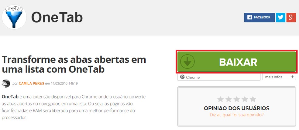 Pressione "baixar" para acessar a Chrome Web Store — Foto: Reprodução/TechTudo