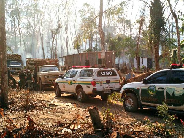 Após denúncia de moradores, polícia apreendeu caminhões com madeira retirada de forma ilegal (Foto: Divulgação/Ascom PM-AC)
