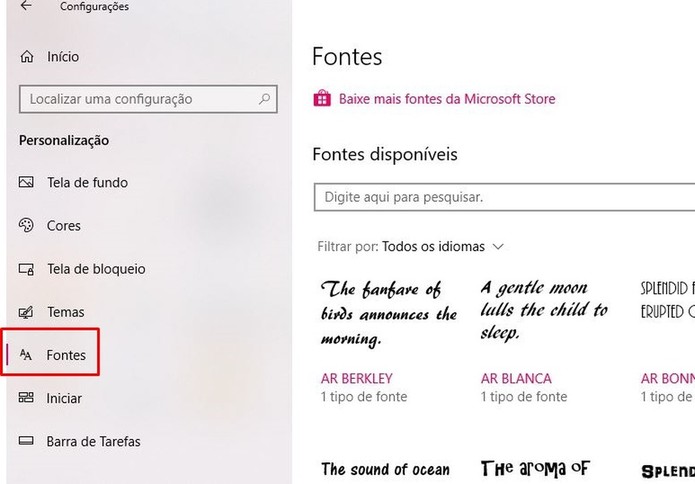 Clique na opção "Fontes" do Windows 10 (Foto: Reprodução/Taysa Coelho) Clique na opção "Fontes" do Windows 10 (Foto: Reprodução/Taysa Coelho)