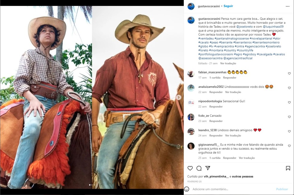 Gustavo Corasini interpretou Tadeu quando criança na novela 'Pantanal'. Atualmente José Loreto faz o personagem adulto — Foto: Reprodução/Instagram