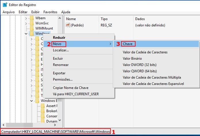 Adicionando a chave Windows Search no registro do Windows (Foto: Reprodução/Edivaldo Brito)