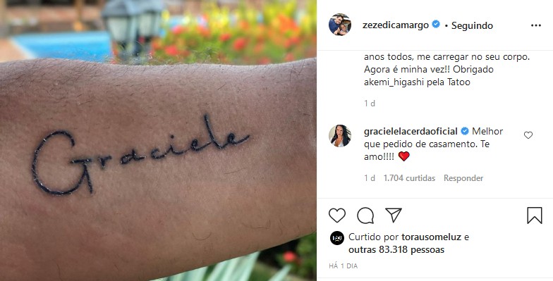 Graciele Lacerda fala sobre tatuagem que Zezé Di Camargo fez em sua homenagem (Foto: Reprodução/Instagram)