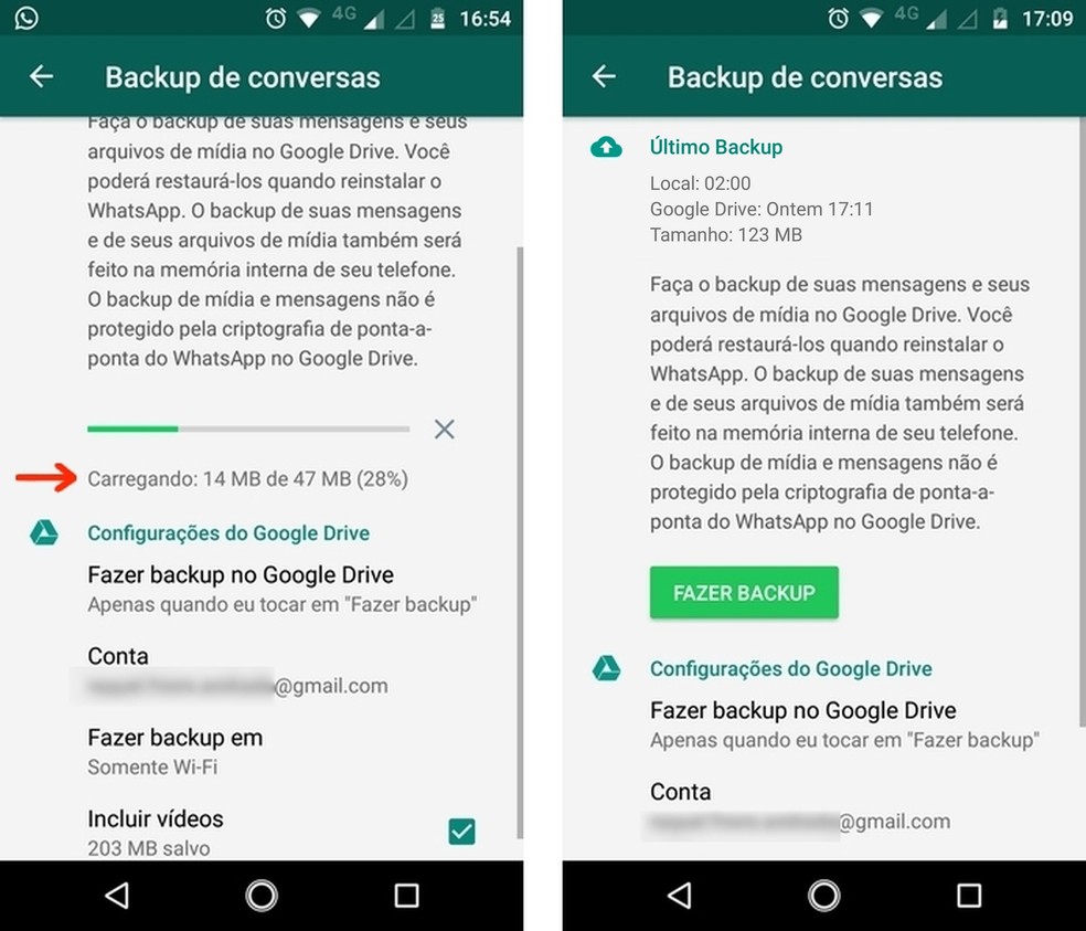 Backup de conversas do WhatsApp no Google Drive concluído — Foto: Reprodução/Raquel Freire