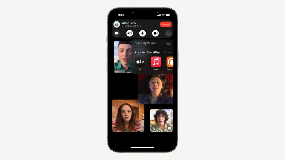 O SharePlay do iOS 16 ganhará um botão rápido para conferir diretamente do FaceTime quais apps suportam o recurso — Foto: Reprodução/WWDC 22